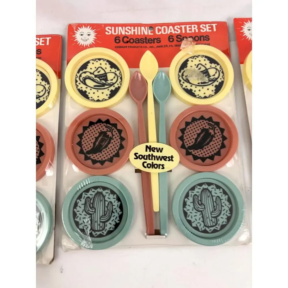 VTG 70s 80s‎ Sunshine Coaster Set (6) & Spoons Plastic NIB NOS Southwest Colors